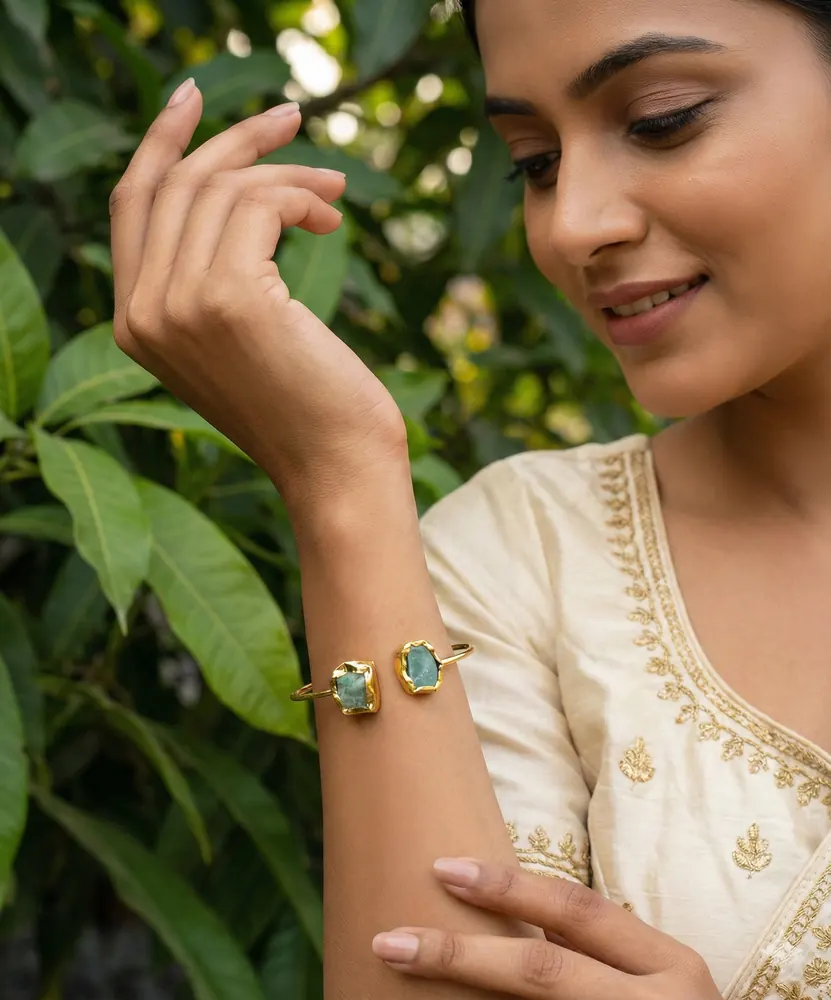Editorial portrait celebrating Indian textiles and jewellery